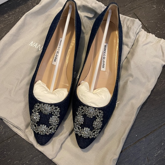 NEW Manolo Blahnik Hangishi Flat Denim Shoes blue jeans fabric Size US 9/ 39 - Picture 4 of 10